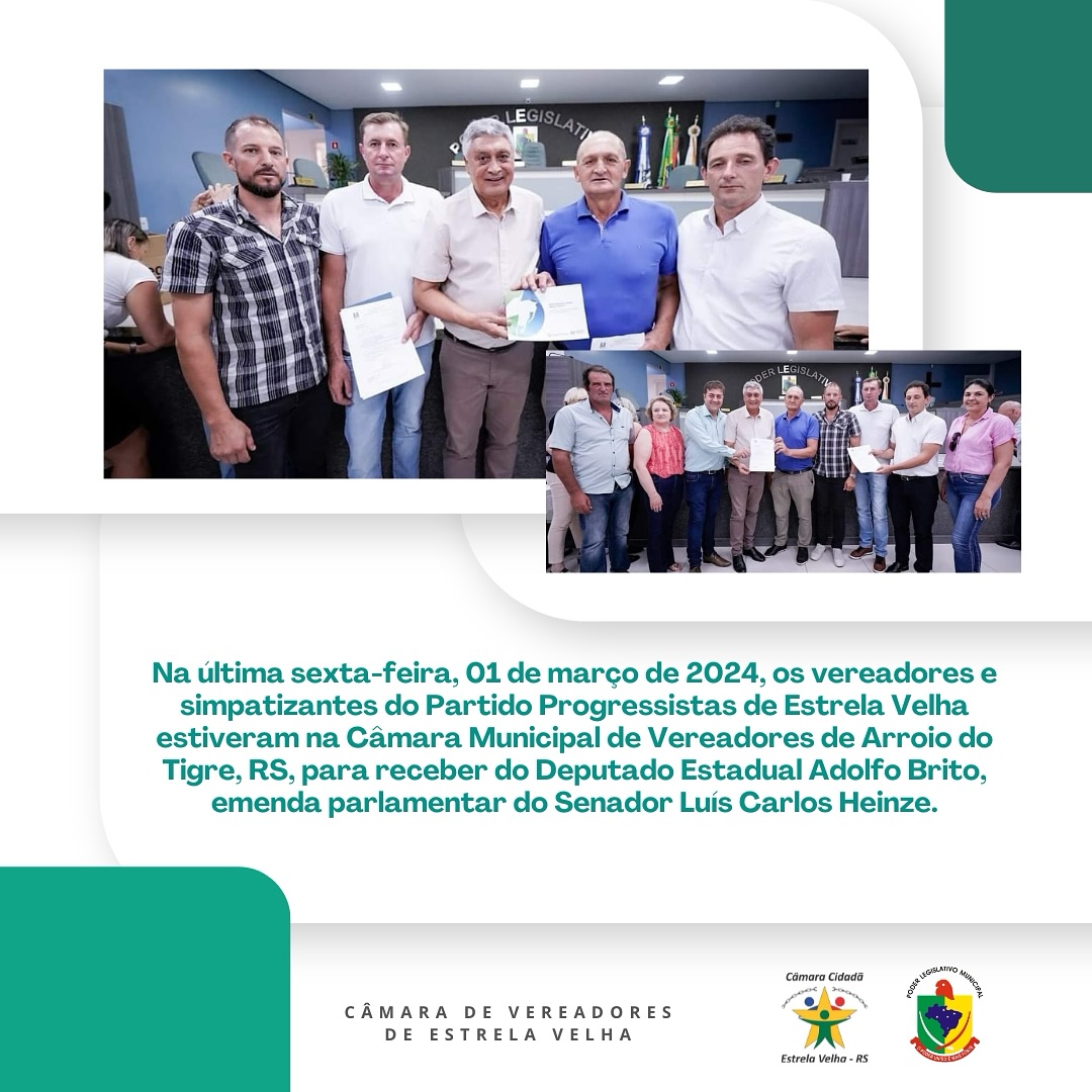 Os vereadores e simpatizantes do Partido Progressistas receberam do Deputado Estadual Adolfo Brito, emenda parlamentar do Senador Luís Carlos Heinze.