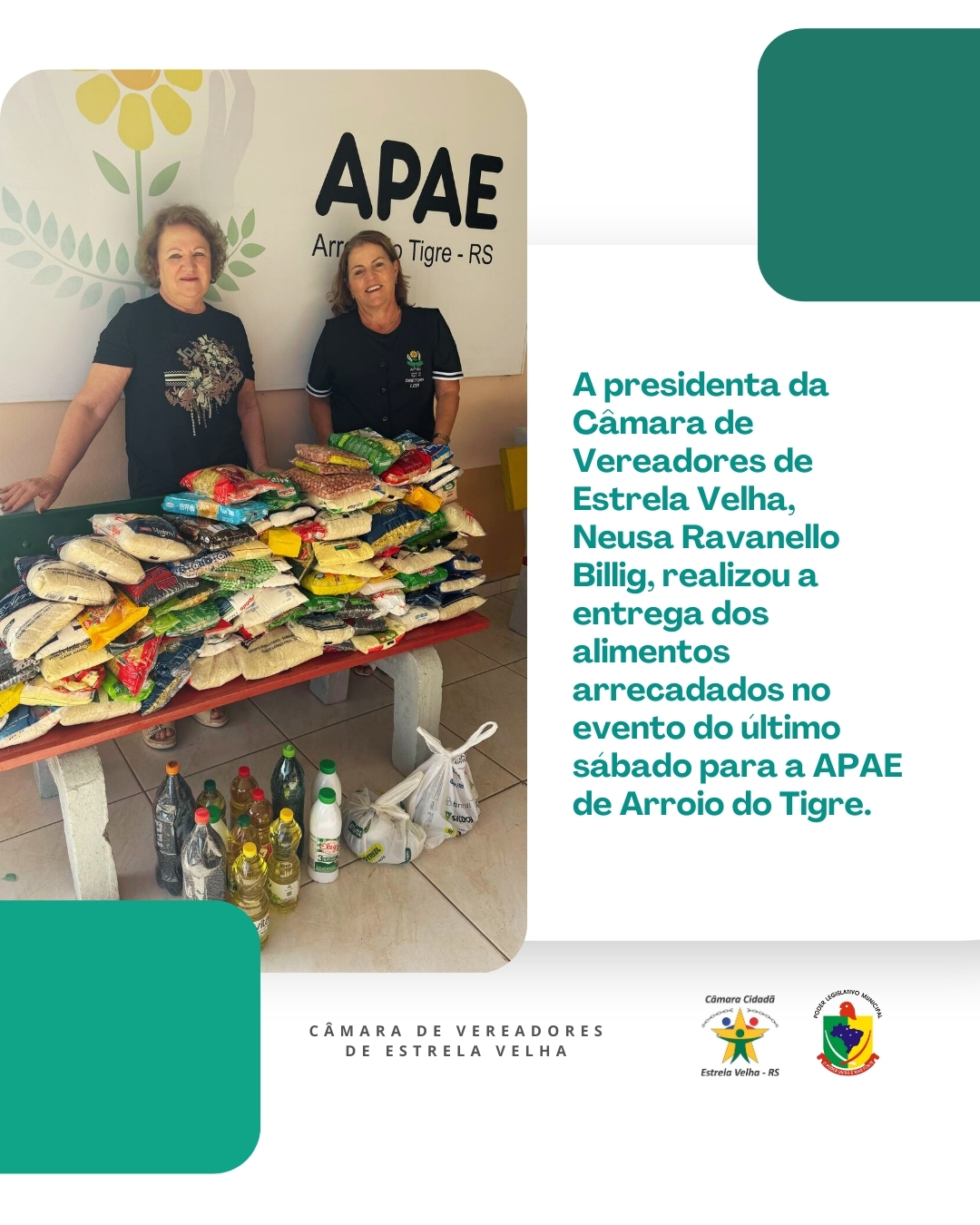 Presidenta da Câmara de Vereadores, Neusa Maria Ravanello Billig, realizou a entrega dos alimentos arrecadados durante o evento do último sábado para a APAE de Arroio do Tigre.