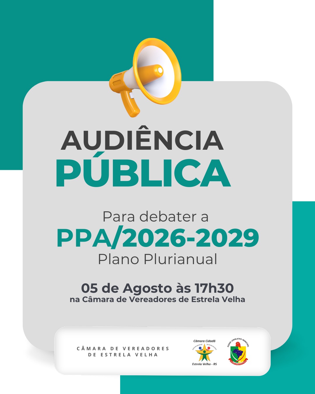 Audiência Pública na Câmara de Vereadores de Estrela Velha para tratar do Plano Plurianual (PPA) 2026–2029.