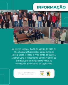 Câmara Municipal de Vereadores de Estrela Velha, recebeu o Presidente da UVERGS, Silomar Garcia, juntamente com servidores da entidade, para uma Palestra voltada a vereadores e servidores do legislativo.