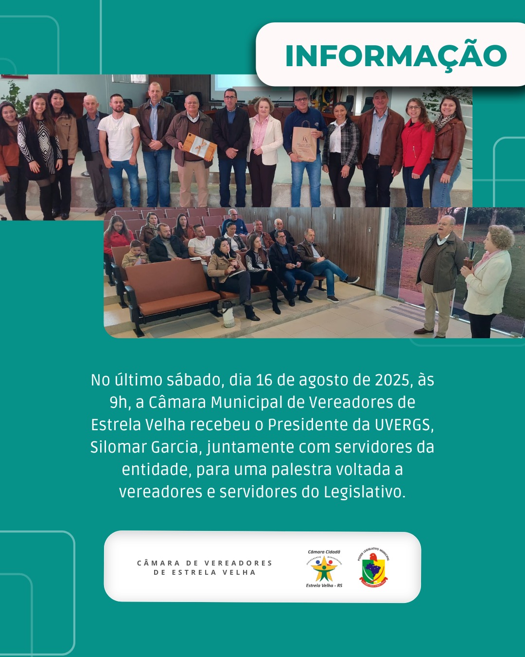 Câmara Municipal de Vereadores de Estrela Velha, recebeu o Presidente da UVERGS, Silomar Garcia, juntamente com servidores da entidade, para uma Palestra voltada a vereadores e servidores do legislativo.