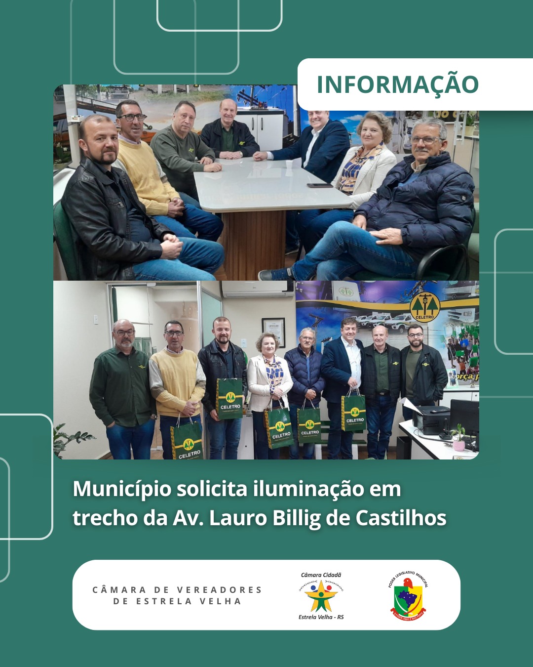 Presidente da câmara  Carlos José Somavilla,e vereadores, Neusa Ravanello Billig e Jackson Ravanello. Participam de reunião na sede da Celetro em Cachoeira do Sul para solicitar instalação de iluminação pública no trecho da Avenida Lauro Billig de Castilhos, entre o Parque Municipal de Máquinas e o Loteamento Billig.