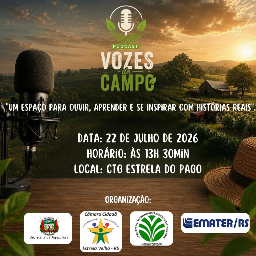 A Câmara Cidadã de Estrela Velha, em parceria com a Secretaria da Agricultura, o Sindicato dos Trabalhadores Agricultores Familiares e a Emater/RS, convida toda a comunidade, lideranças do setor e demais interessados para participarem do Podcast Vozes do Campo — um espaço de diálogo, informação e valorização do meio rural.